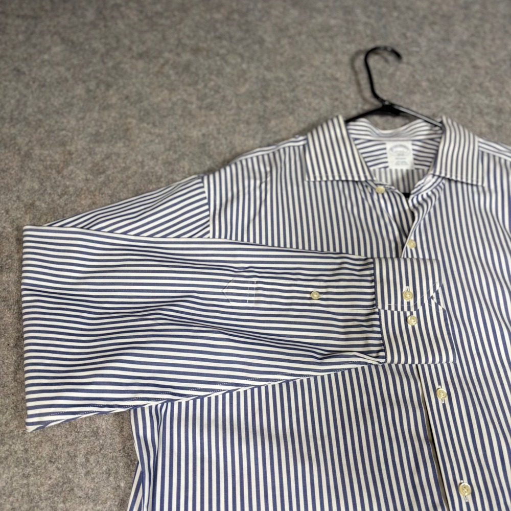 Brooks Brothers Regent Dress Shirt Mens 17 Blue White Stripe Non-Iron Cotton